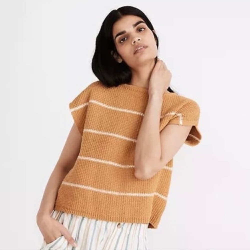 Madewell Mustard striped Boatneck Button Back 100% cotton sweater top size small